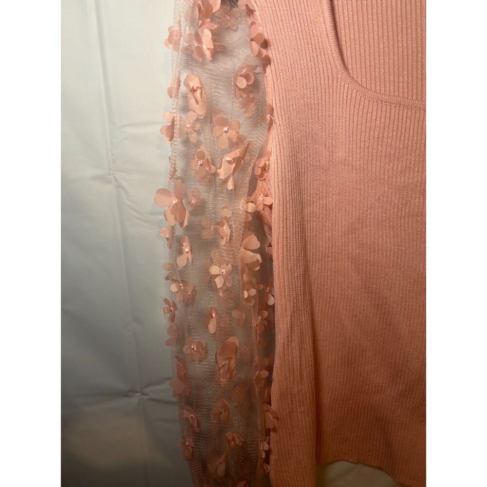 No Boundaries Pink Coquette 3D Floral Mesh Sleeve Ribbed Top Size L - Picture 3 of 5